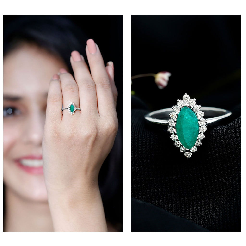 Marquise Emerald Ring – AAA Quality Emerald Engagement Ring with Diamond Halo