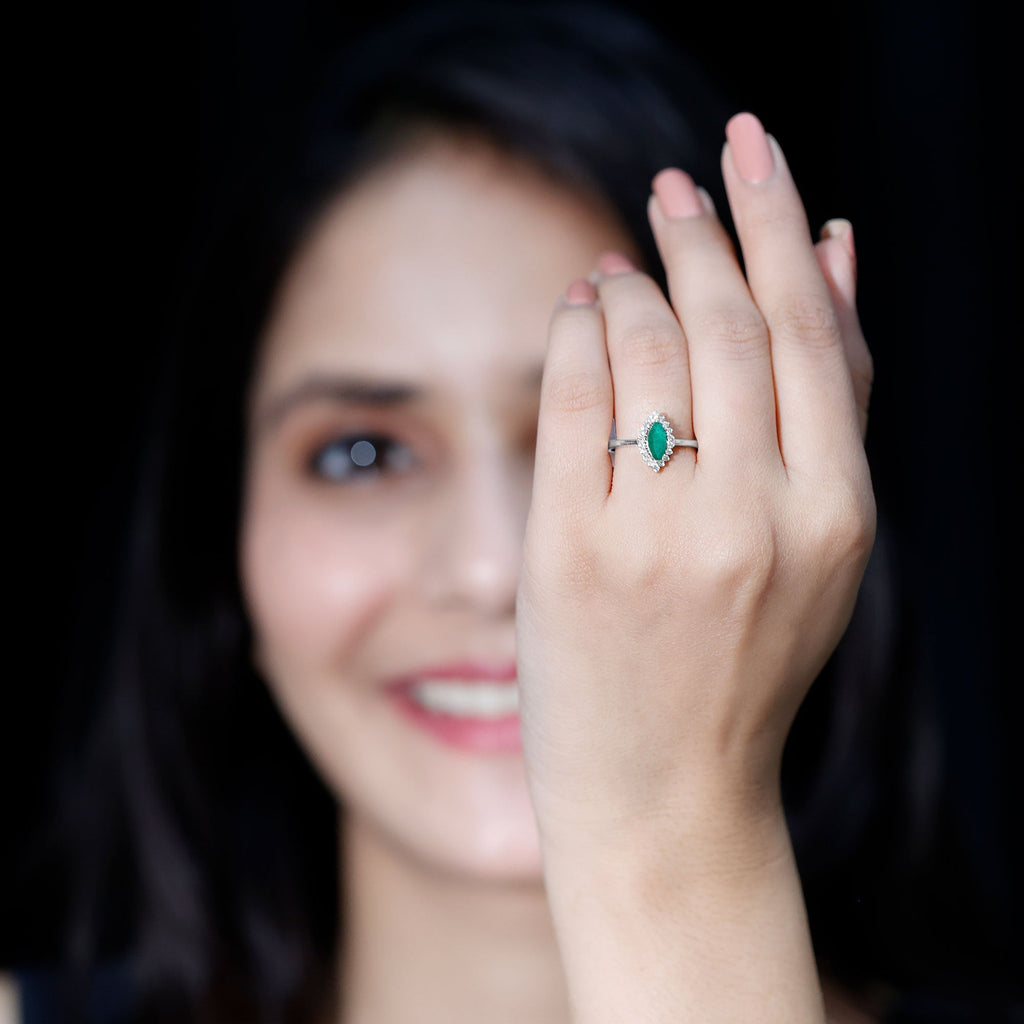 Marquise Emerald Ring – AAA Quality Emerald Engagement Ring with Diamond Halo