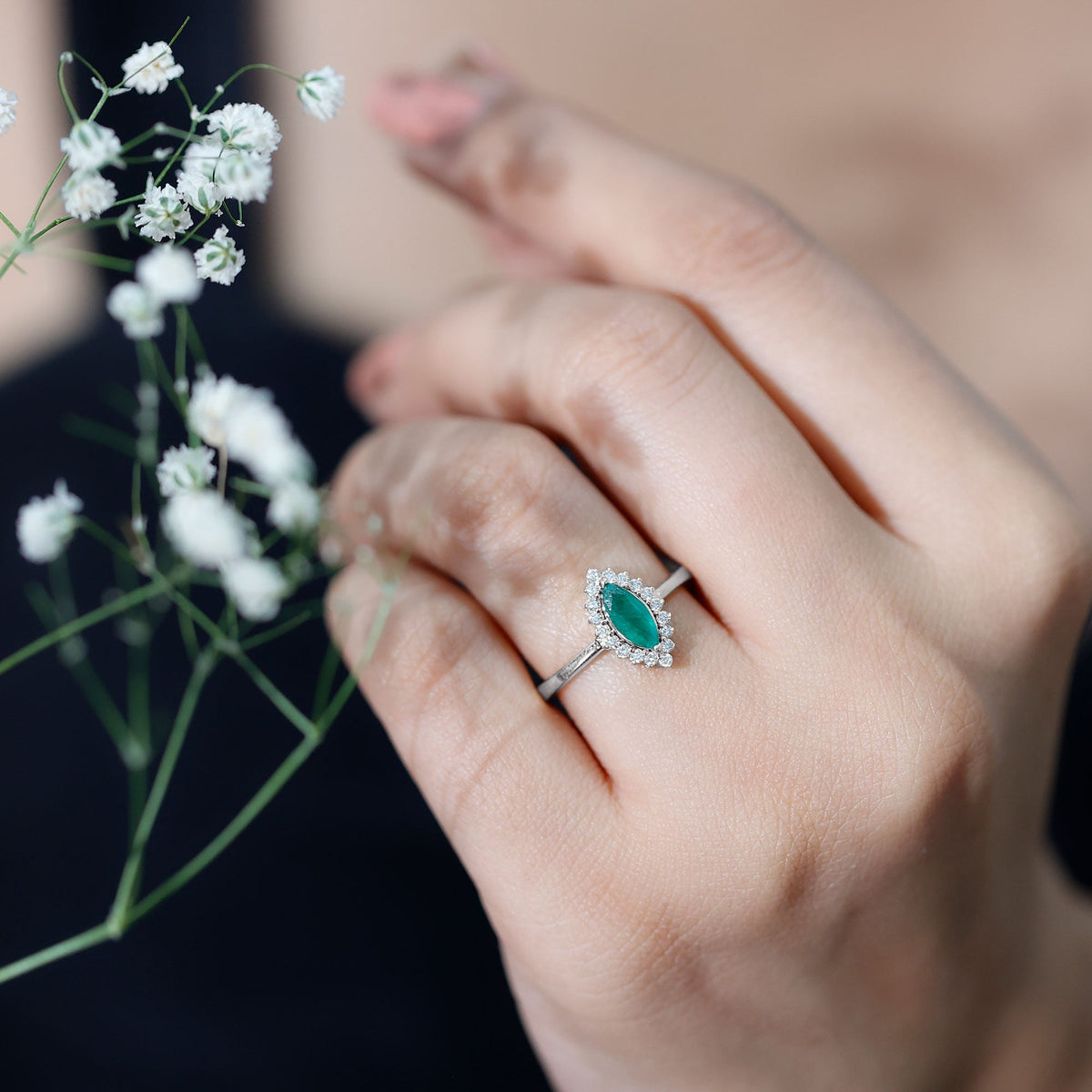 Marquise Emerald Ring – AAA Quality Emerald Engagement Ring with Diamond Halo