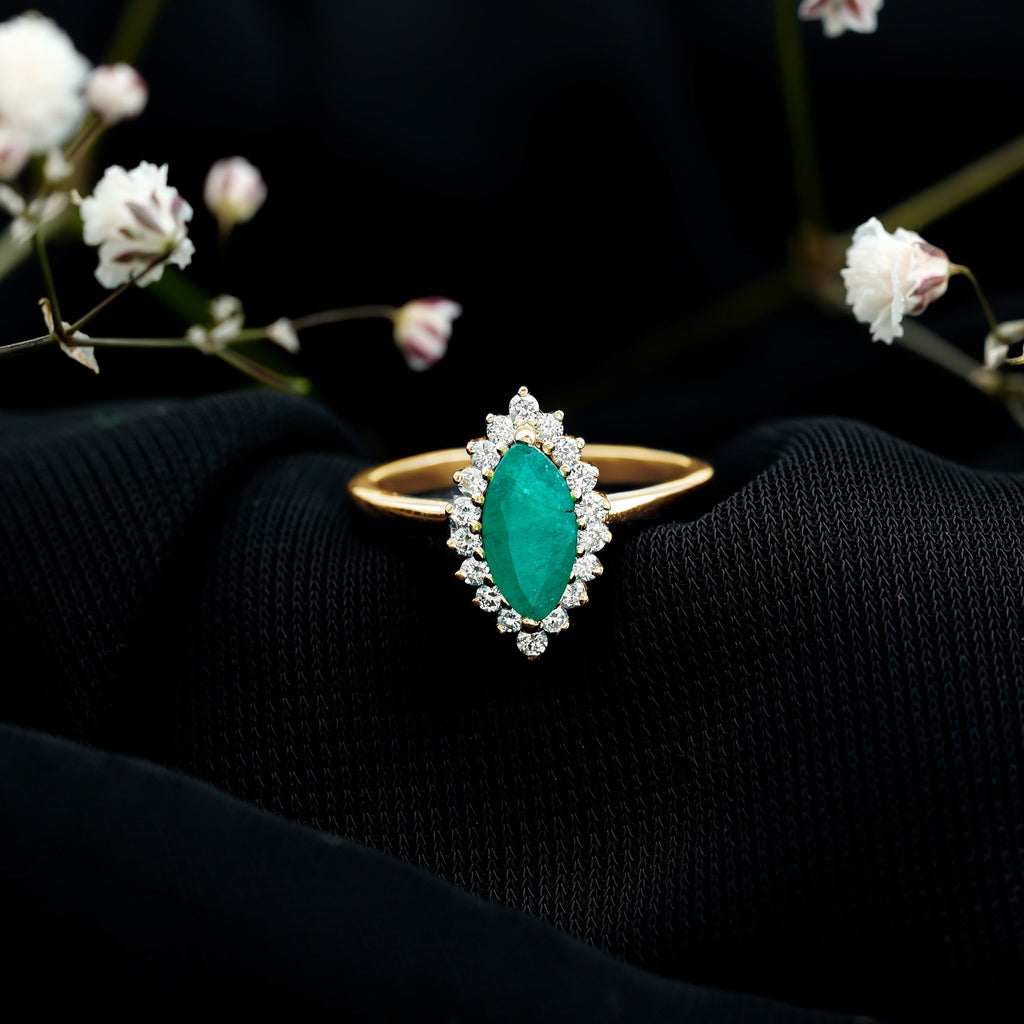 Marquise Emerald Ring – AAA Quality Emerald Engagement Ring with Diamond Halo