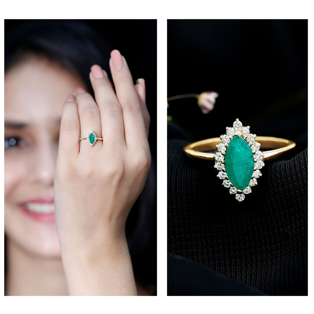 Marquise Emerald Ring – AAA Quality Emerald Engagement Ring with Diamond Halo