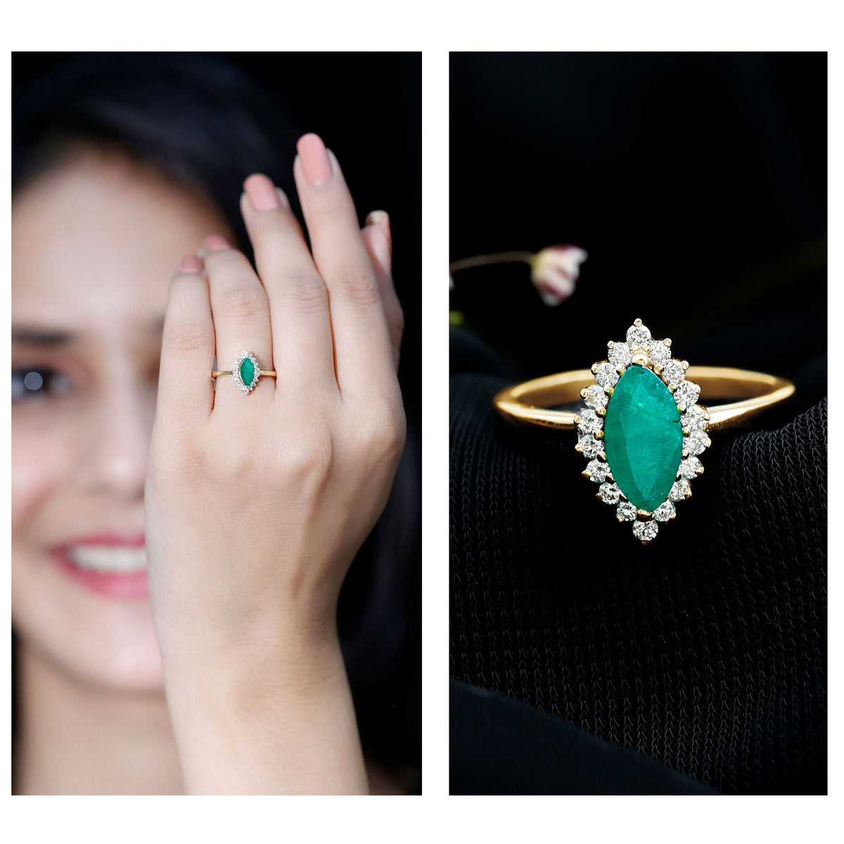 Marquise Emerald Ring – AAA Quality Emerald Engagement Ring with Diamond Halo
