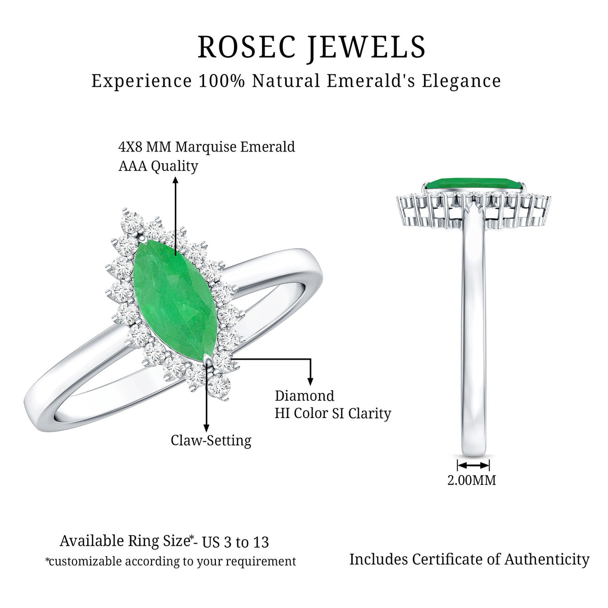 Marquise Emerald Ring – AAA Quality Emerald Engagement Ring with Diamond Halo