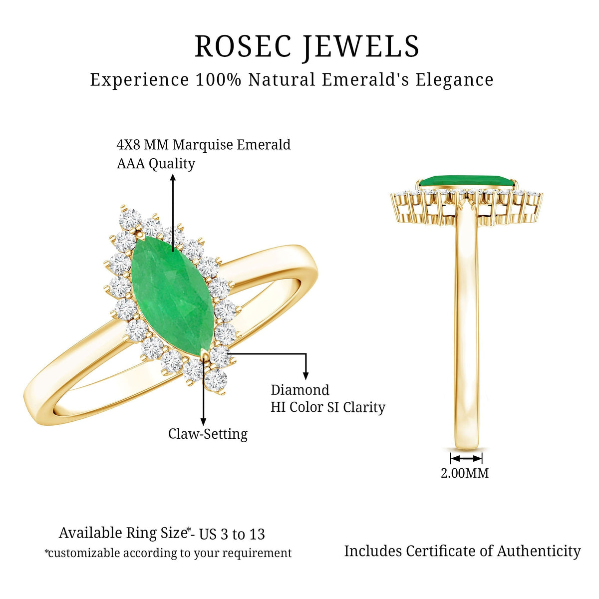 Marquise Emerald Ring – AAA Quality Emerald Engagement Ring with Diamond Halo