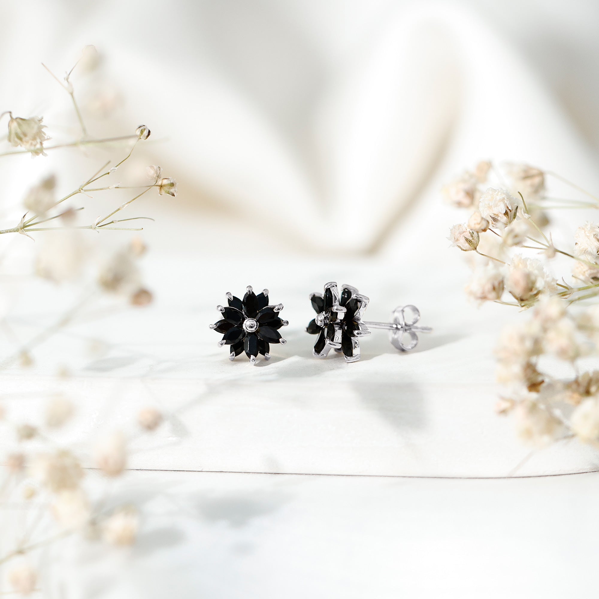 Marquise Shape Black Onyx Floral Statement Stud Earrings