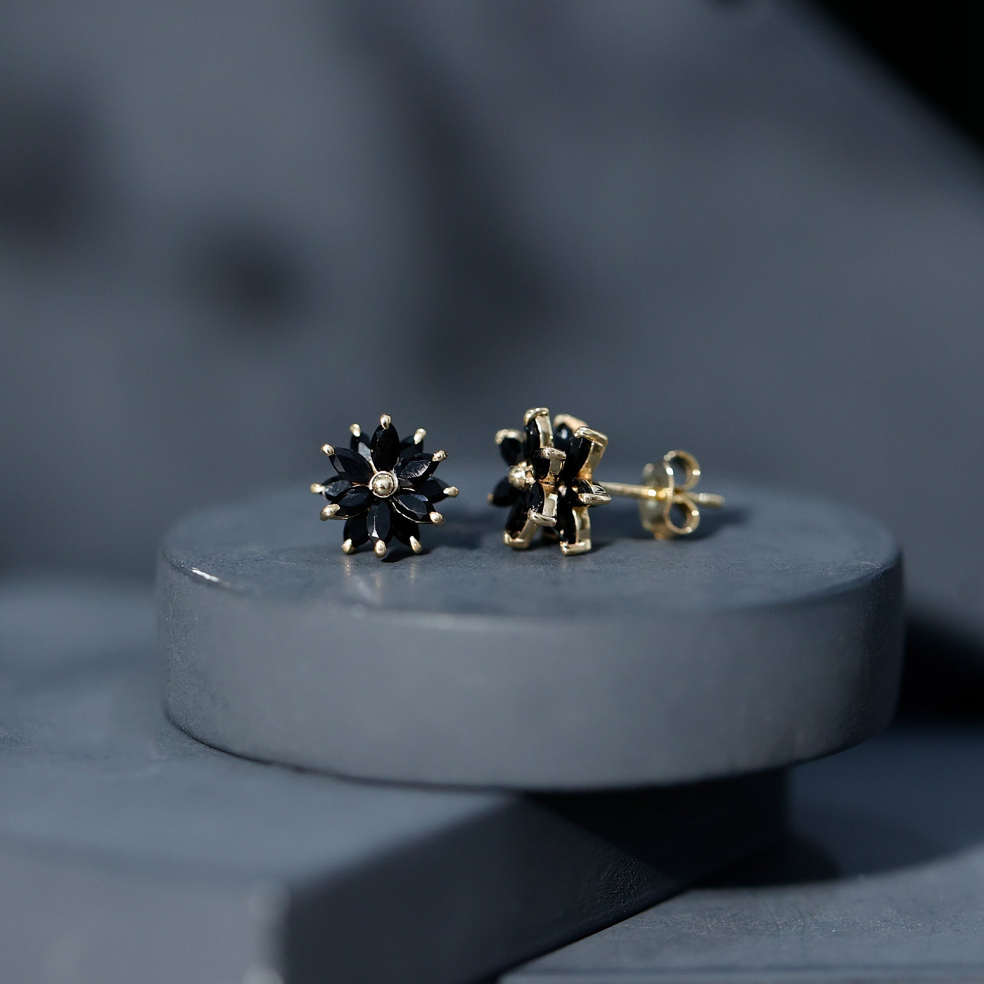 Marquise Shape Black Onyx Floral Statement Stud Earrings
