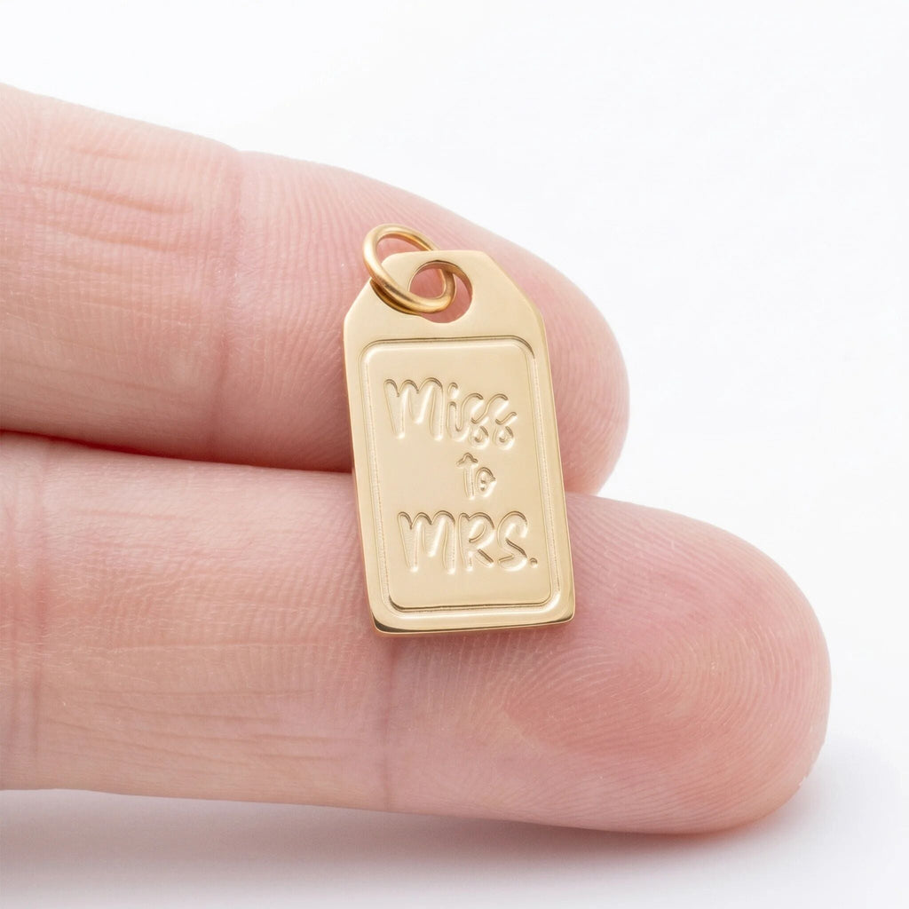 18K Gold PVD Stainless Steel Miss to Mrs tag Charm- scale shot 