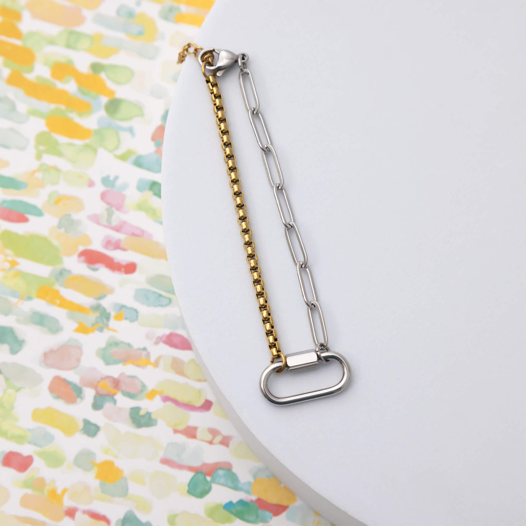 Mixed Metal Bracelet – Adjustable Split Chain Paperclip Link With Carabiner Clasp - Charm holder | Sunflower Soul Boutique