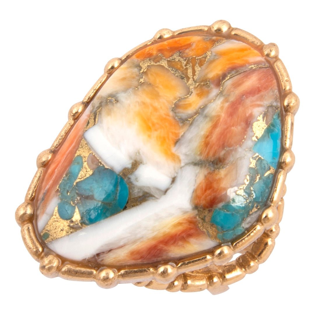 Modern Edge Turquoise and Spiny Oyster Shell Matrix Stone Golden Ring