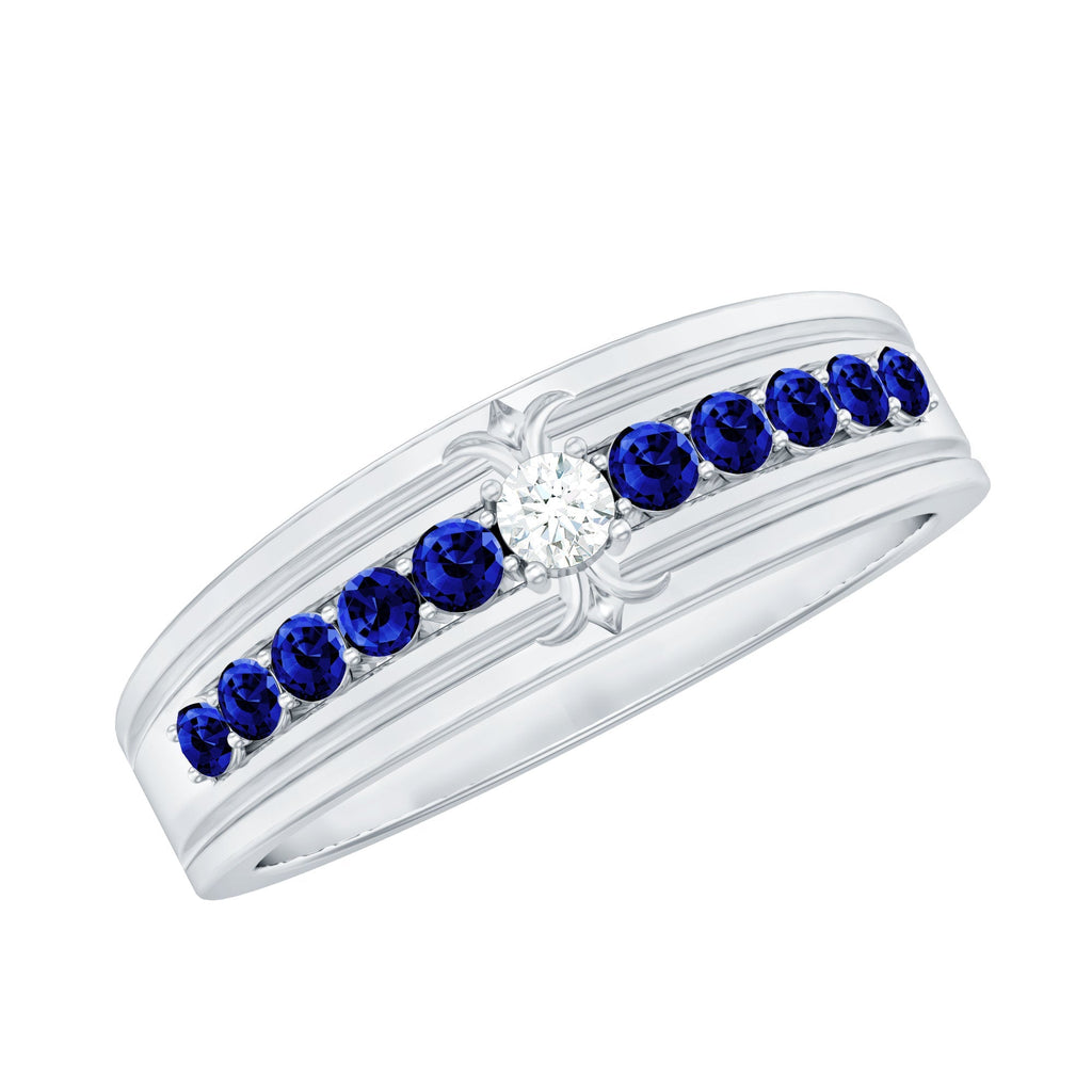 Moissanite Anniversary Band, Blue Sapphire Prong Setting Ring