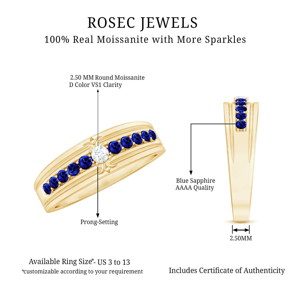 Moissanite Anniversary Band, Blue Sapphire Prong Setting Ring
