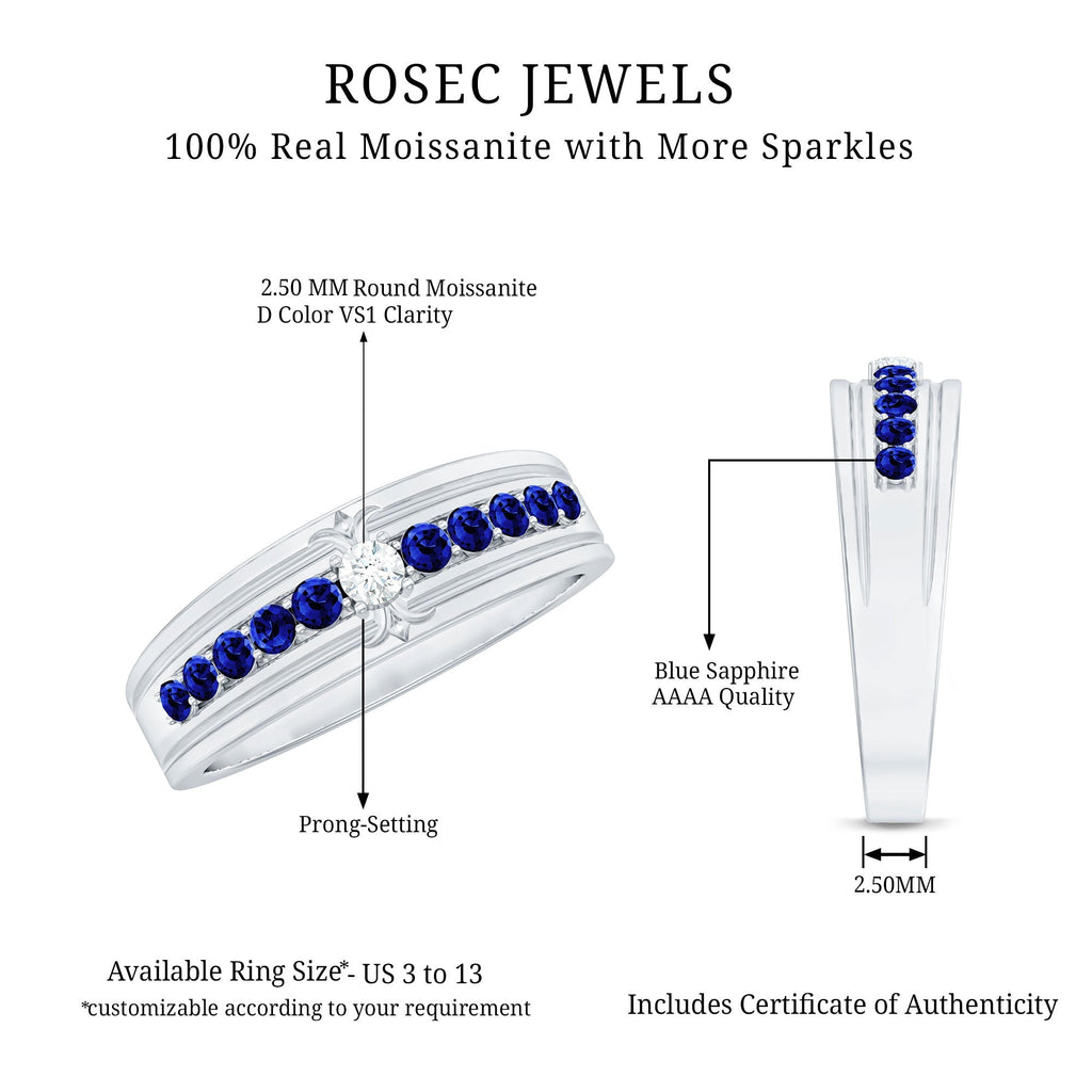 Moissanite Anniversary Band, Blue Sapphire Prong Setting Ring