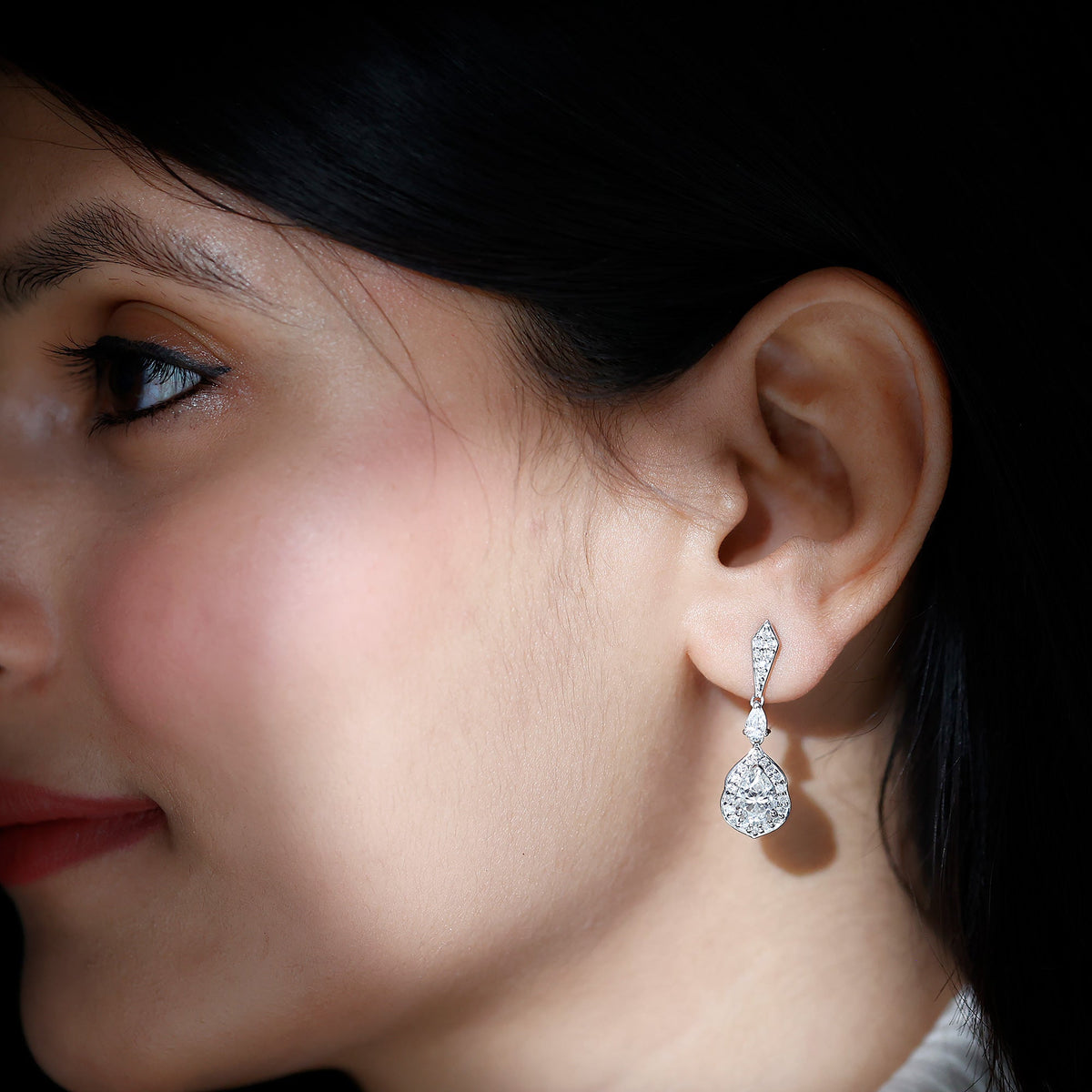 Moissanite Bridal Earrings – Silver Dangle Pear Shape Drop Design with Vintage Halo