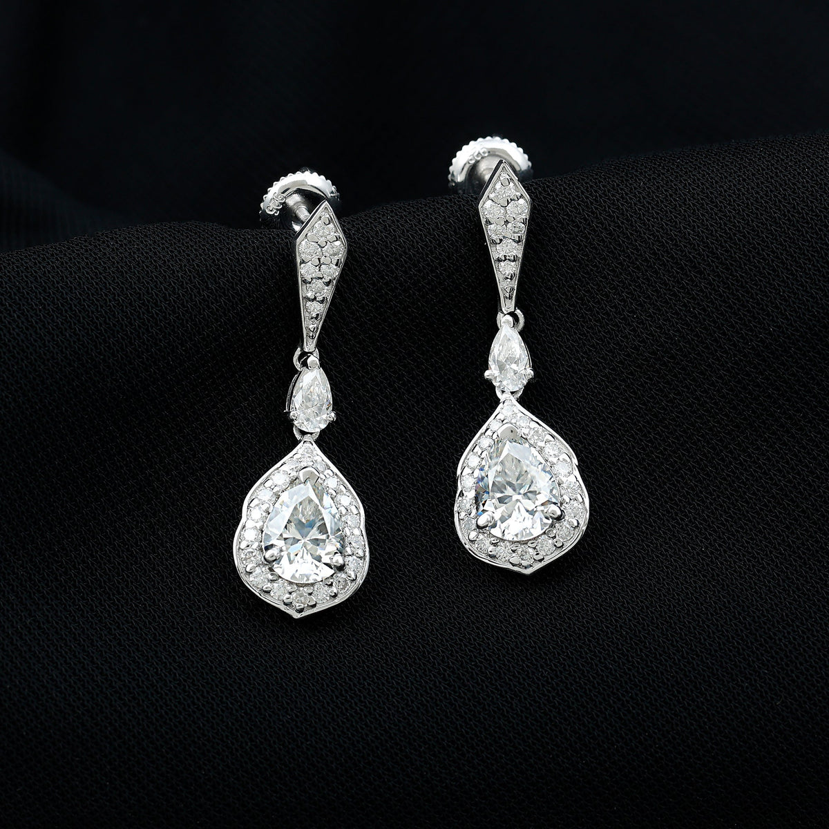 Moissanite Bridal Earrings – Silver Dangle Pear Shape Drop Design with Vintage Halo