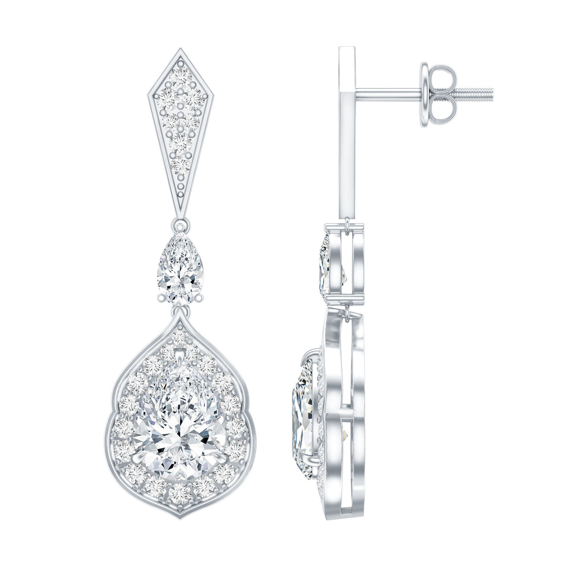 Moissanite Bridal Earrings – Silver Dangle Pear Shape Drop Design with Vintage Halo
