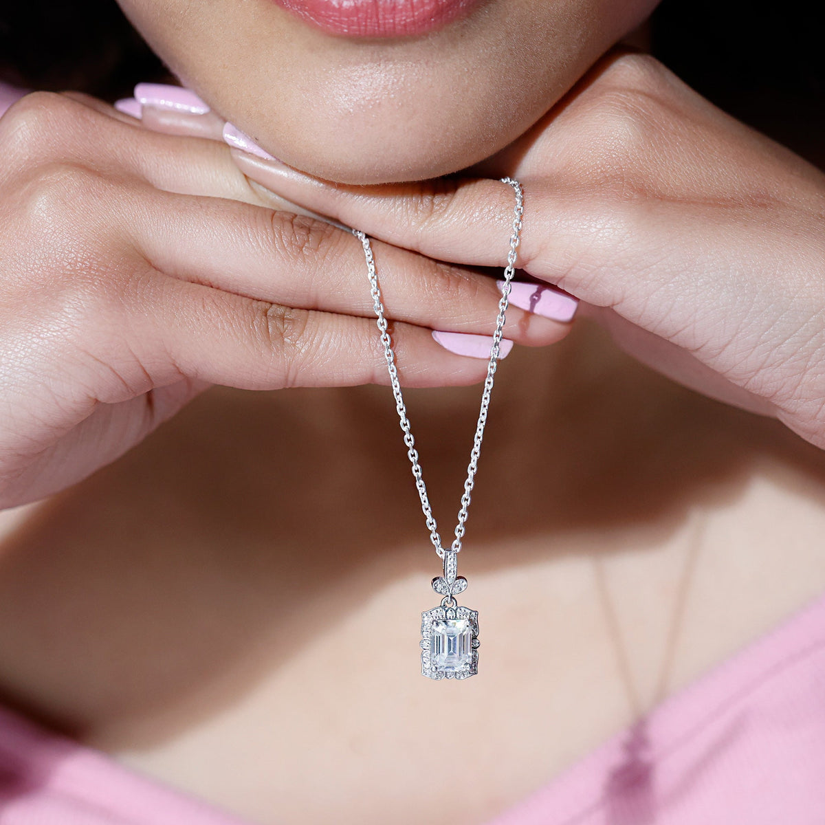 Moissanite Emerald Cut Necklace – Vintage Inspired 2 Carat Pendant With Silver Chain