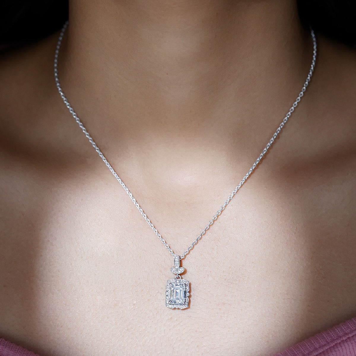 Moissanite Emerald Cut Necklace – Vintage Inspired 2 Carat Pendant With Silver Chain
