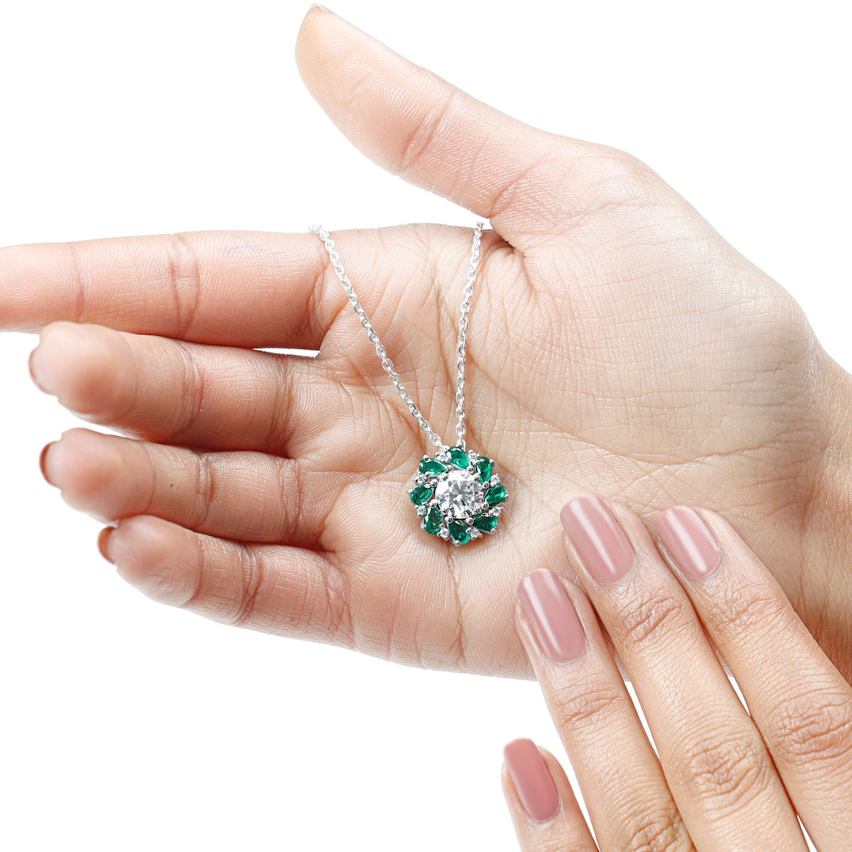 Moissanite Emerald Necklace – 2 Carat Flower Pendant Necklace | Silver Cocktail Pendant