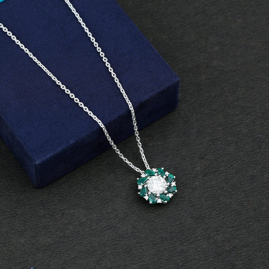 Moissanite Emerald Necklace – 2 Carat Flower Pendant Necklace | Silver Cocktail Pendant