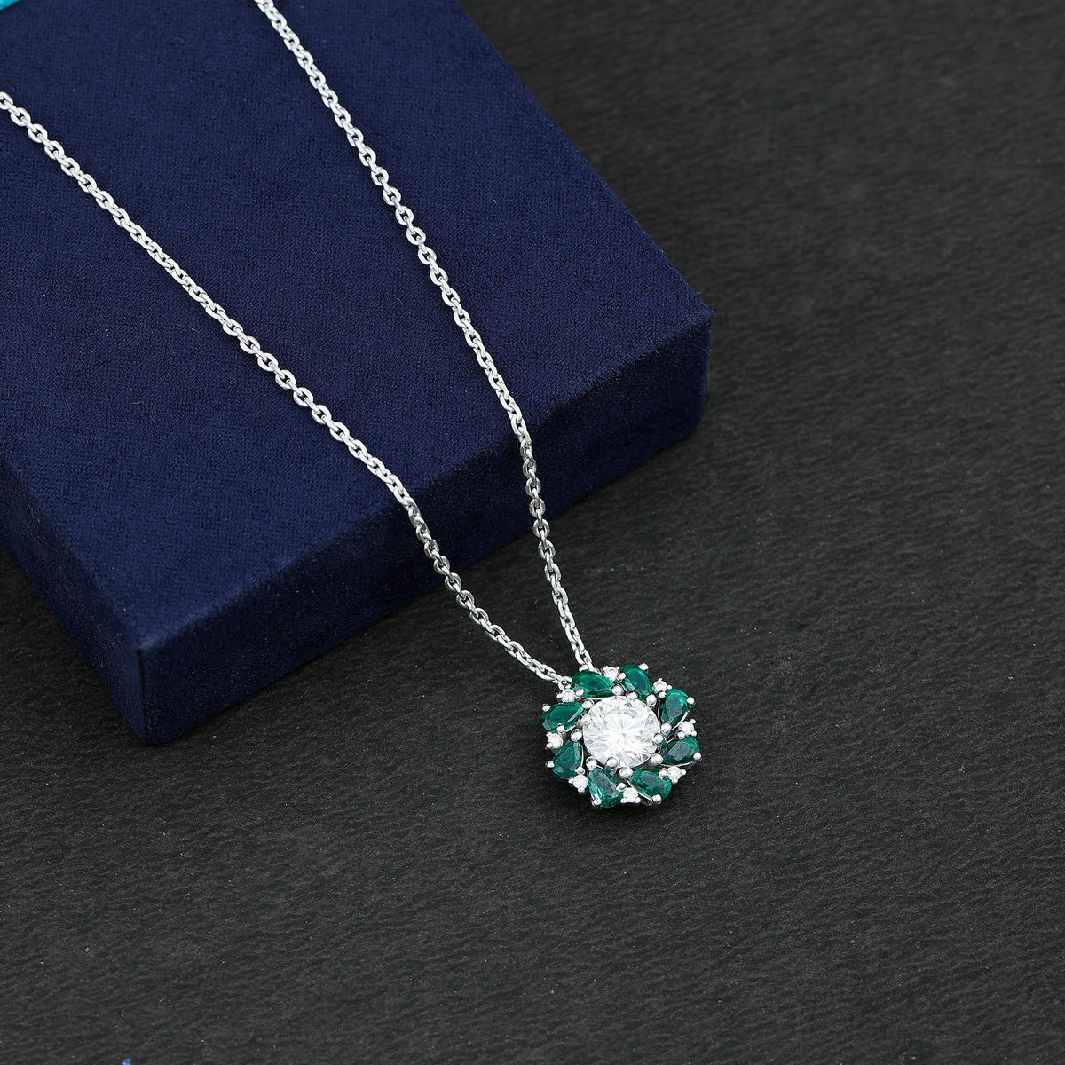 Moissanite Emerald Necklace – 2 Carat Flower Pendant Necklace | Silver Cocktail Pendant