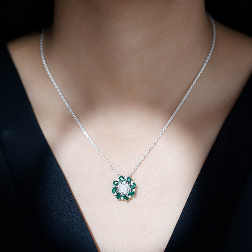 Moissanite Emerald Necklace – 2 Carat Flower Pendant Necklace | Silver Cocktail Pendant