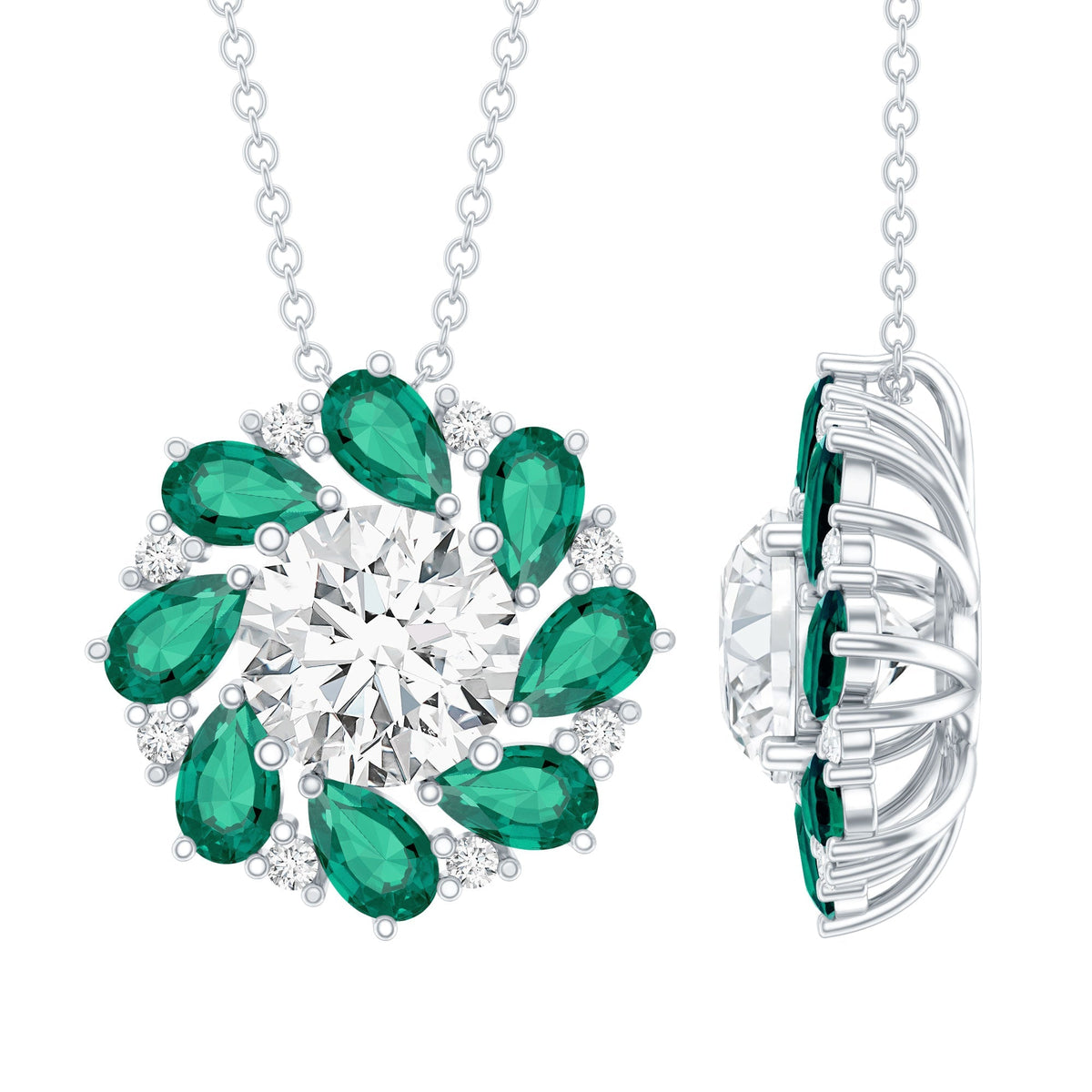 Moissanite Emerald Necklace – 2 Carat Flower Pendant Necklace | Silver Cocktail Pendant