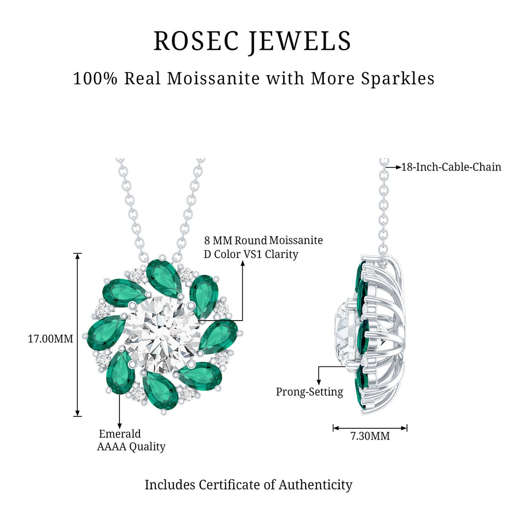 Moissanite Emerald Necklace – 2 Carat Flower Pendant Necklace | Silver Cocktail Pendant