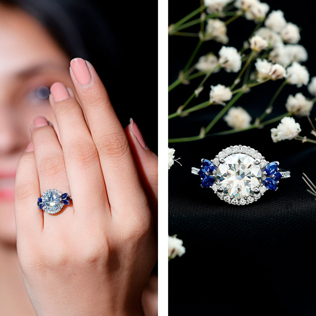 Moissanite Engagement Ring, Blue Sapphire Halo, 14K White Gold