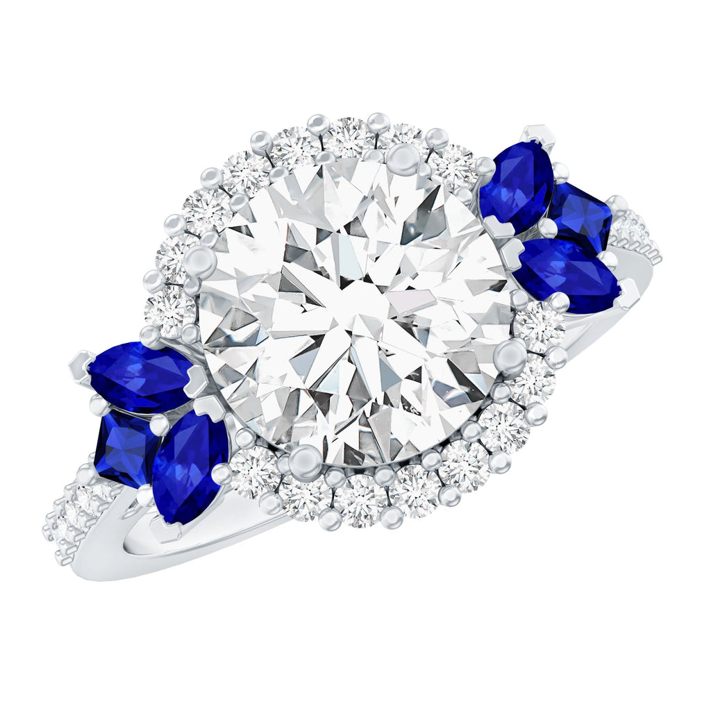 Moissanite Engagement Ring, Blue Sapphire Halo, 14K White Gold