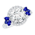 Moissanite Engagement Ring, Blue Sapphire Halo, 14K White Gold