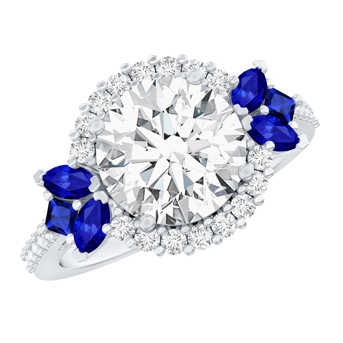Moissanite Engagement Ring, Blue Sapphire Halo, 14K White Gold