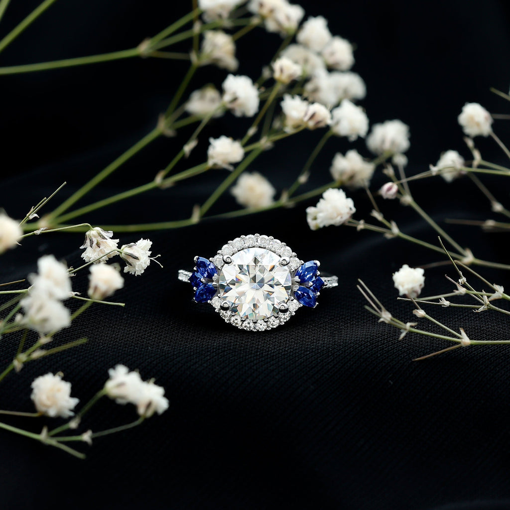 Moissanite Engagement Ring, Blue Sapphire Halo, 14K White Gold