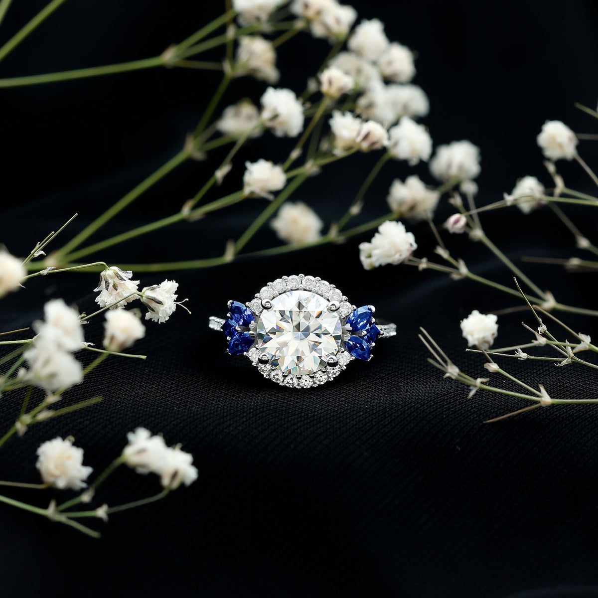 Moissanite Engagement Ring, Blue Sapphire Halo, 14K White Gold