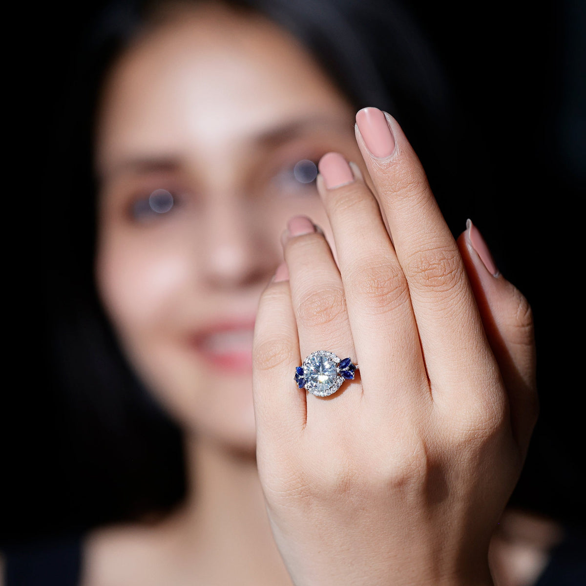 Moissanite Engagement Ring, Blue Sapphire Halo, 14K White Gold
