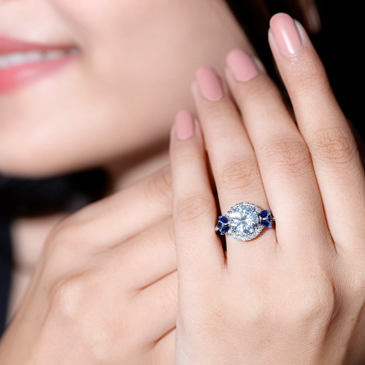 Moissanite Engagement Ring, Blue Sapphire Halo, 14K White Gold