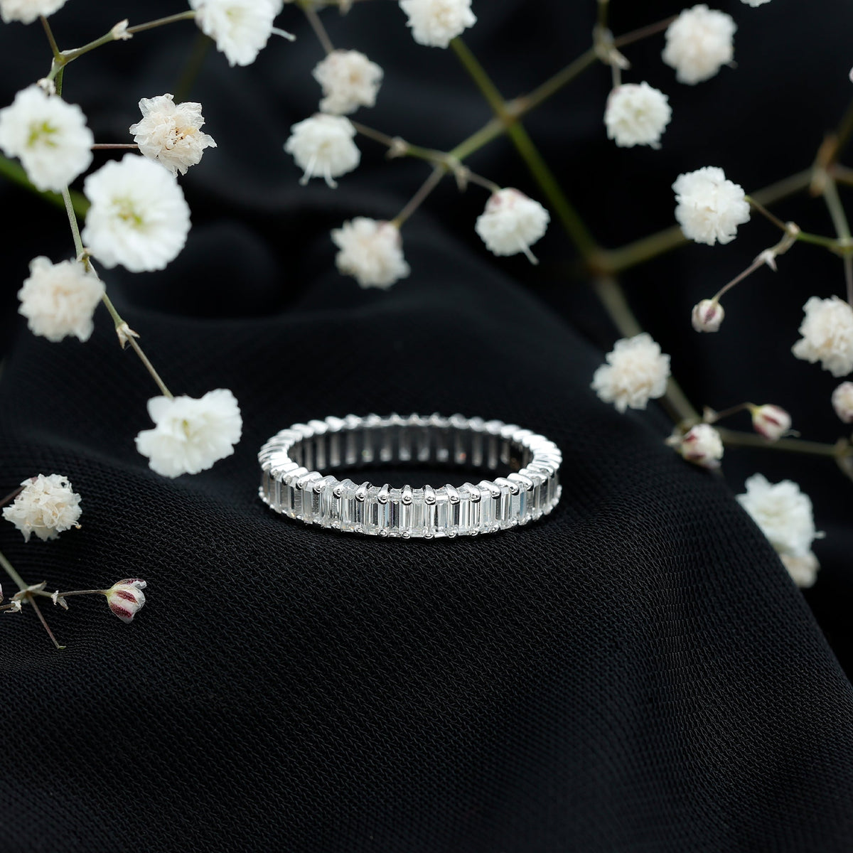 Moissanite Eternity Ring – Baguette Cut Shared Prong Setting Wedding Band