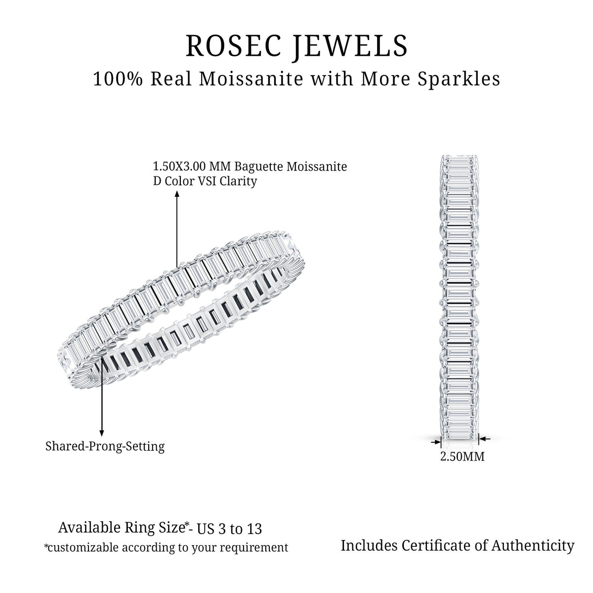 Moissanite Eternity Ring – Baguette Cut Shared Prong Setting Wedding Band