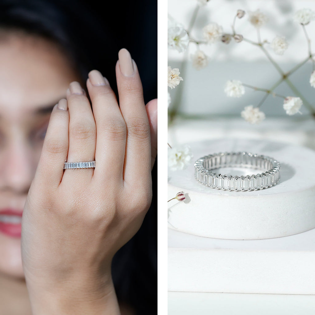 Moissanite Eternity Ring – Baguette Cut Shared Prong Setting Wedding Band