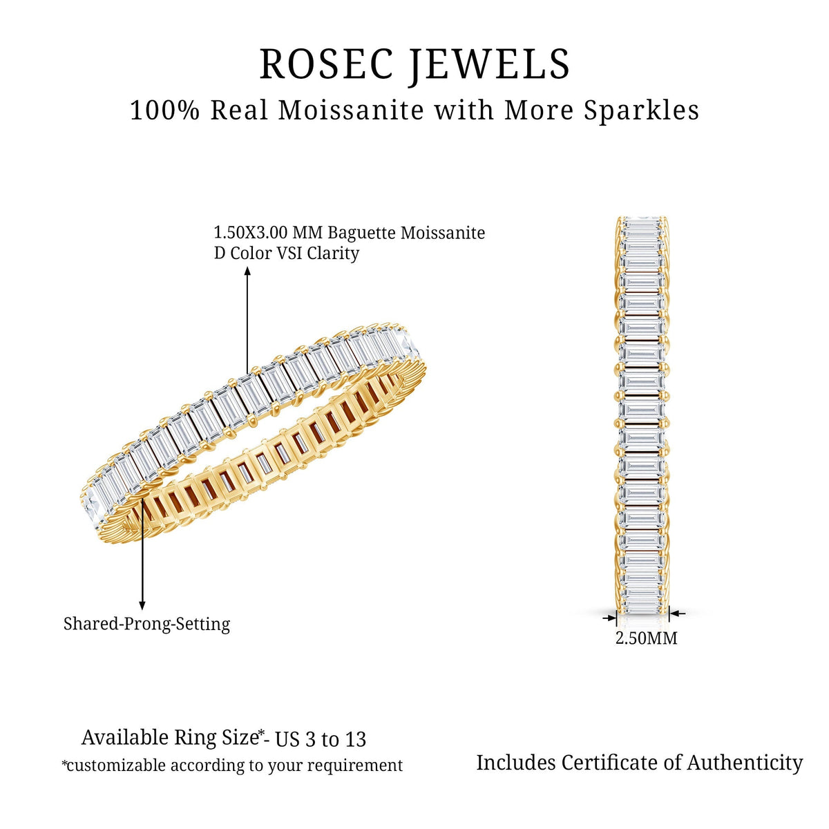 Moissanite Eternity Ring – Baguette Cut Shared Prong Setting Wedding Band