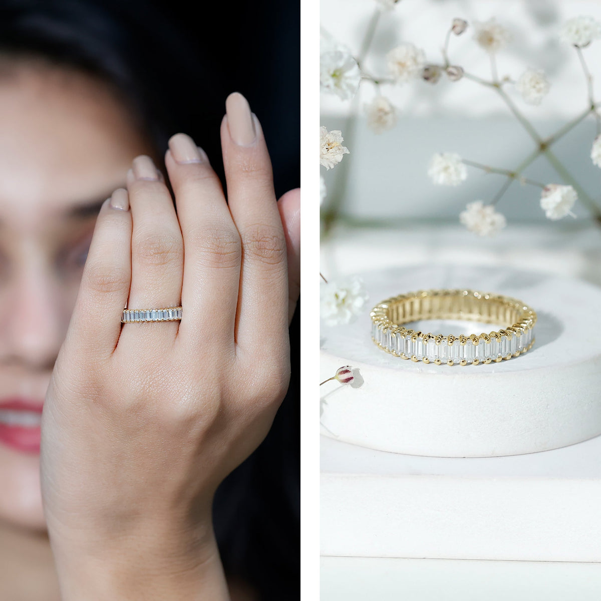 Moissanite Eternity Ring – Baguette Cut Shared Prong Setting Wedding Band