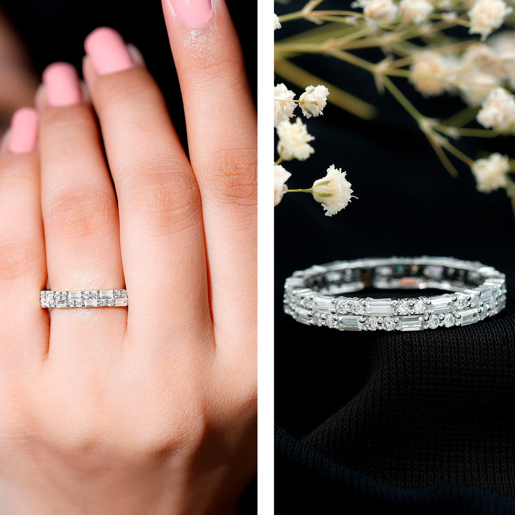 Moissanite Eternity Ring – Double Row Stackable Band With Baguette Cut Stones