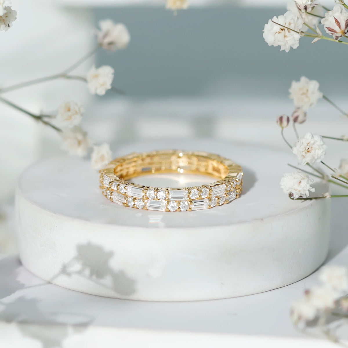 Moissanite Eternity Ring – Double Row Stackable Band With Baguette Cut Stones