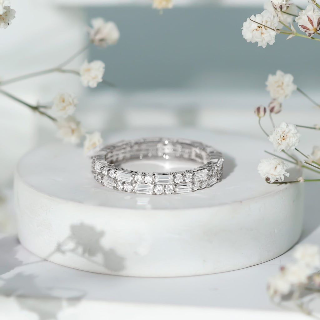 Moissanite Eternity Ring – Double Row Stackable Band With Baguette Cut Stones