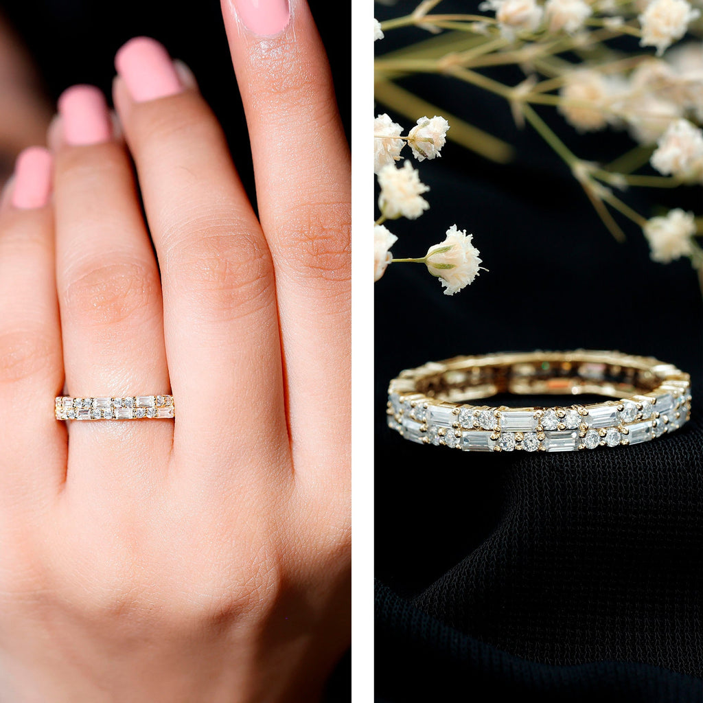 Moissanite Eternity Ring – Double Row Stackable Band With Baguette Cut Stones