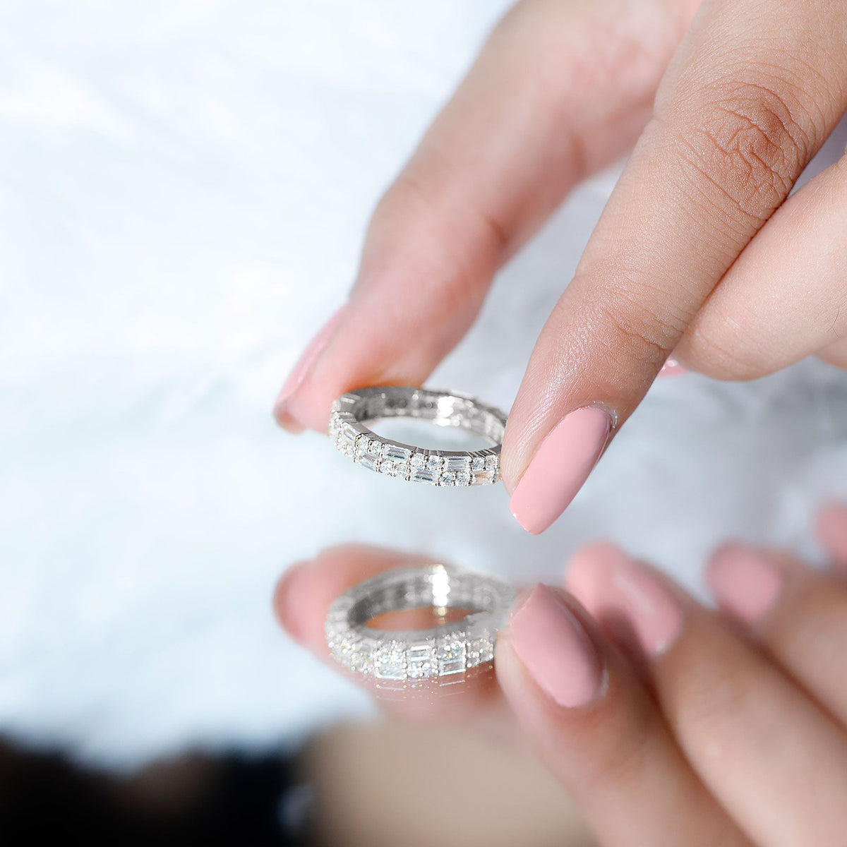 Moissanite Eternity Ring – Double Row Stackable Band With Baguette Cut Stones