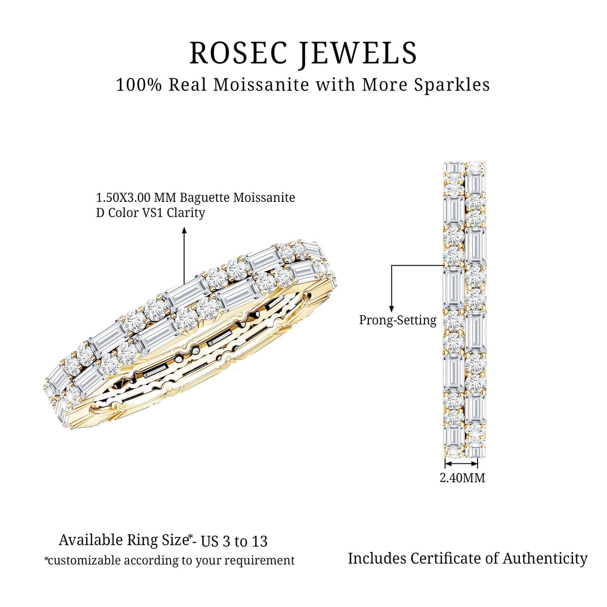 Moissanite Eternity Ring – Double Row Stackable Band With Baguette Cut Stones