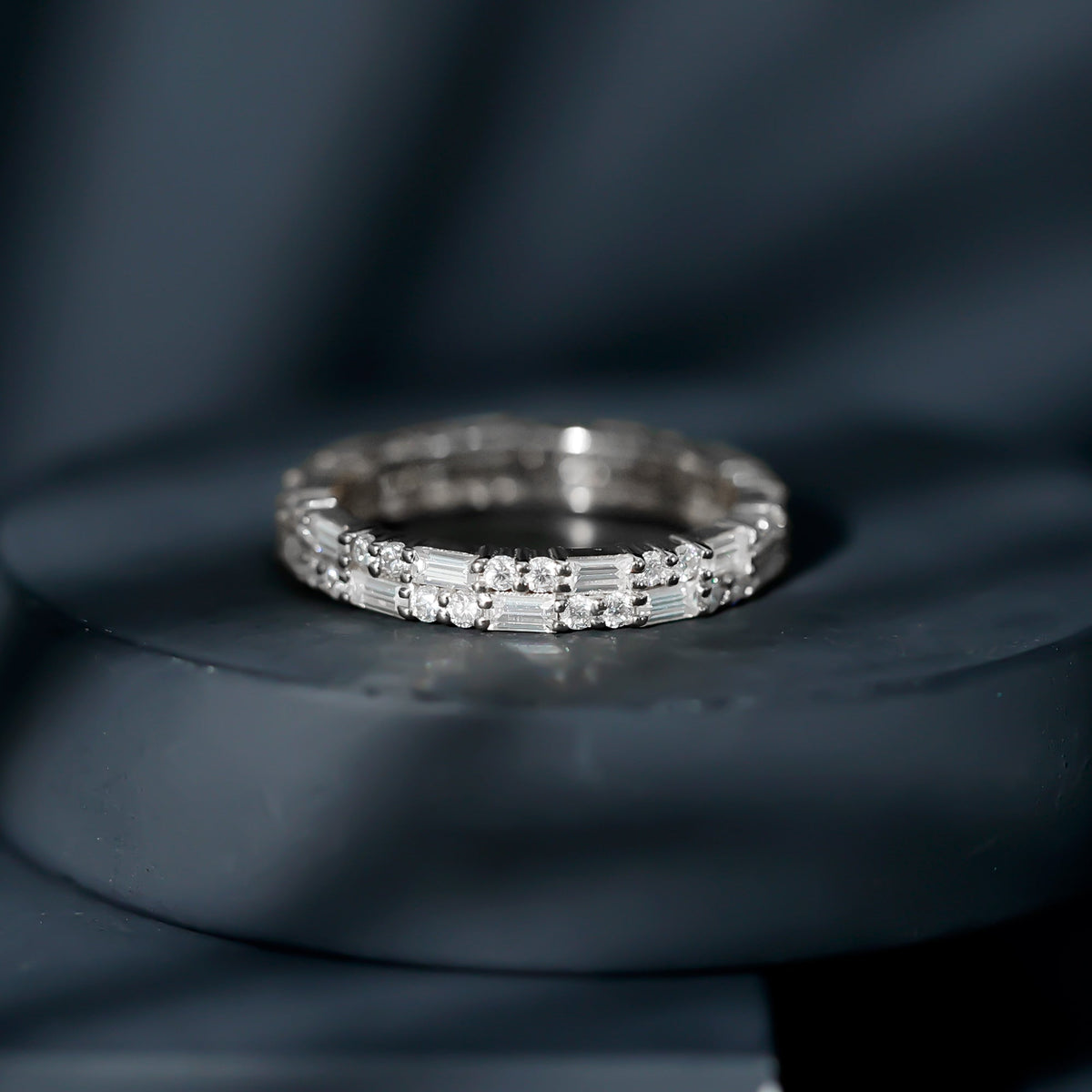 Moissanite Eternity Ring – Double Row Stackable Band With Baguette Cut Stones