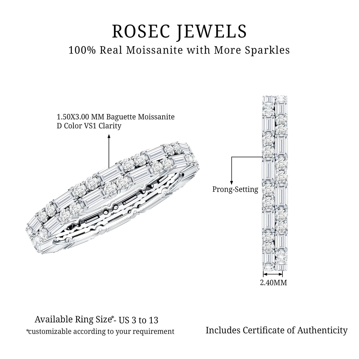Moissanite Eternity Ring – Double Row Stackable Band With Baguette Cut Stones