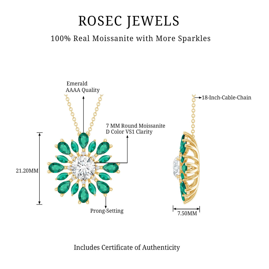 Moissanite Flower Necklace – Designer Emerald Floral Pendant With Prong Setting