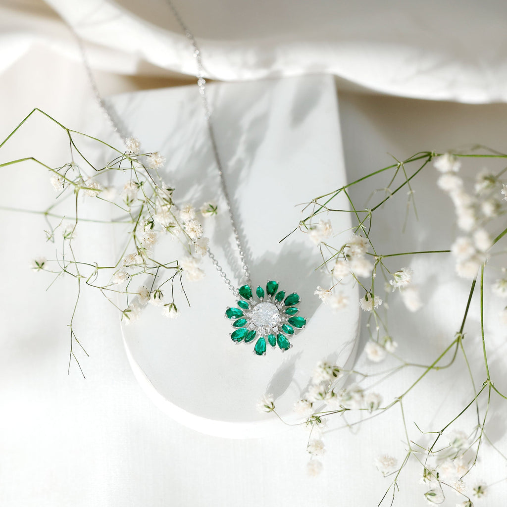Moissanite Flower Necklace – Designer Emerald Floral Pendant With Prong Setting